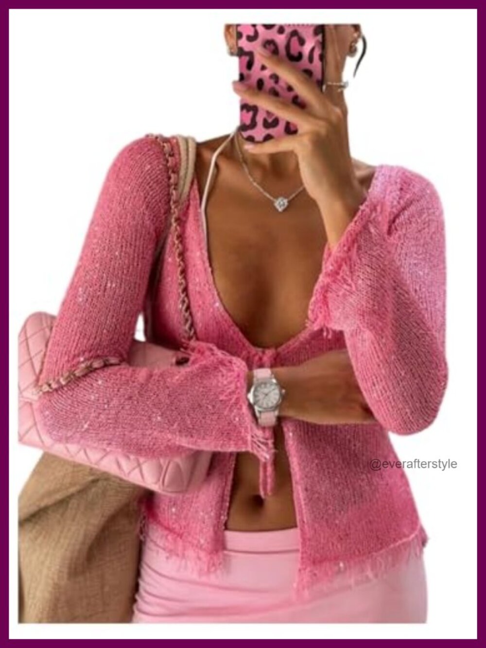 Women's Sequin Cardigan Fringe Trim Knit Tie Front Top
